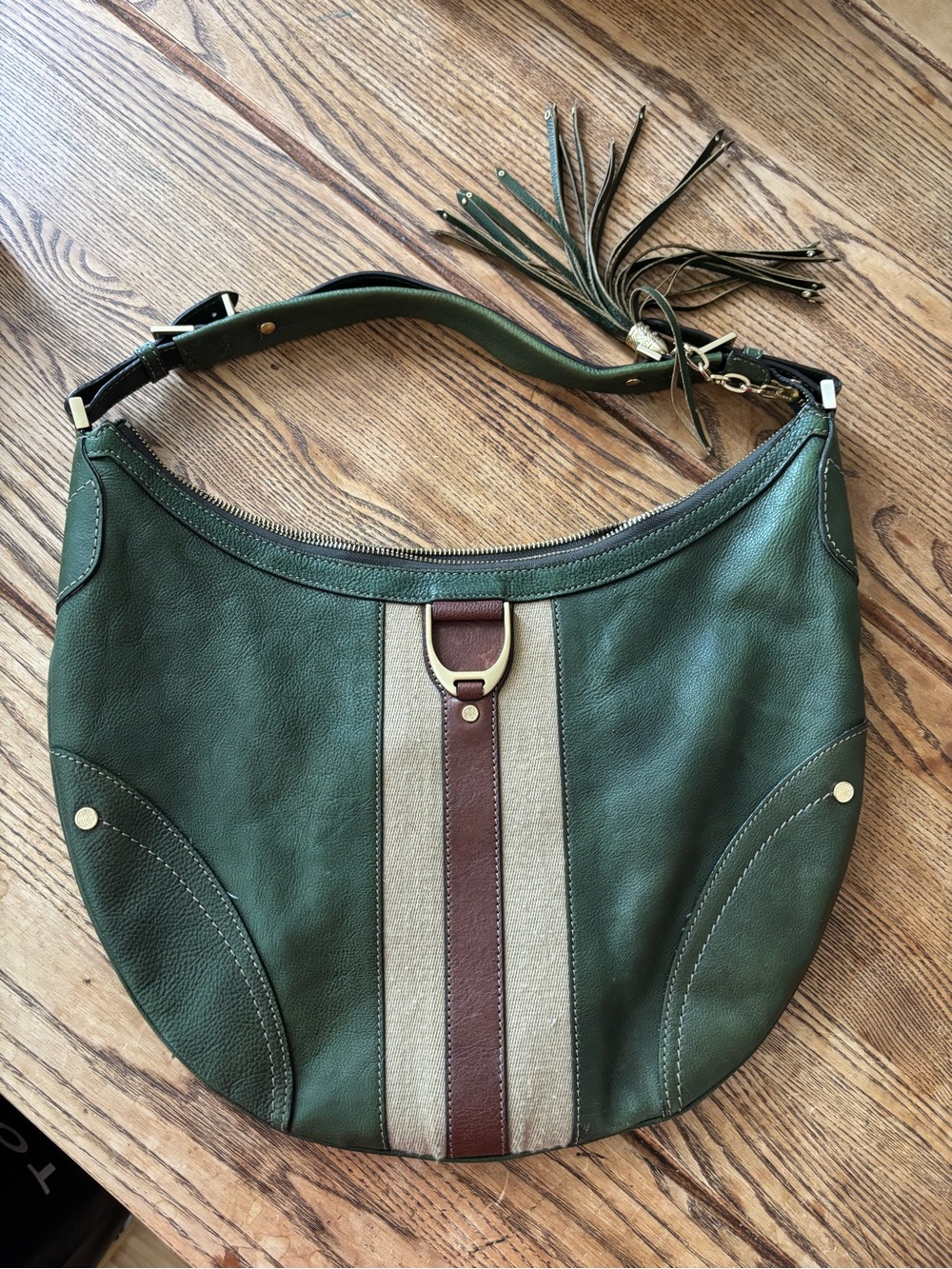 Cole Haan Green Leather Hobo with Stripe & Tassel